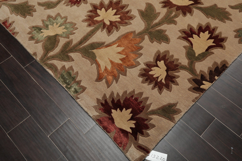 7'11"x9'9" Hand Knotted Floral Wool & Silk Tibetan Oriental Area Rug Beige