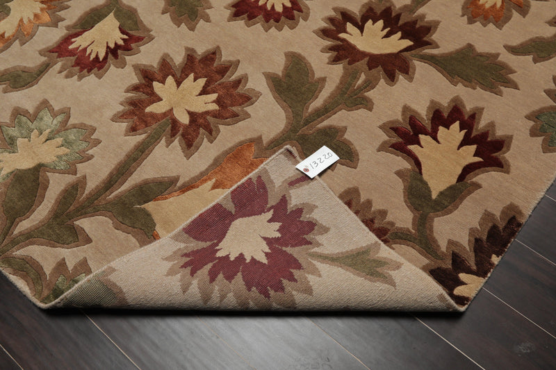 7'11"x9'9" Hand Knotted Floral Wool & Silk Tibetan Oriental Area Rug Beige
