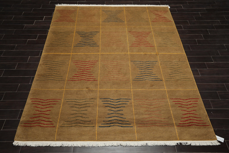 7'11" x 9'10" Hand Knotted Wool Geometric Tibetan Oriental Area Rug Brown Modern