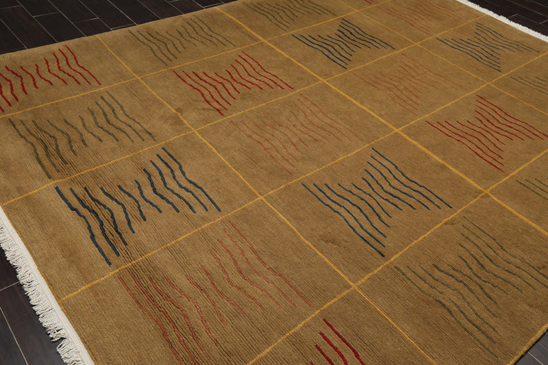 7'11" x 9'10" Hand Knotted Wool Geometric Tibetan Oriental Area Rug Brown Modern