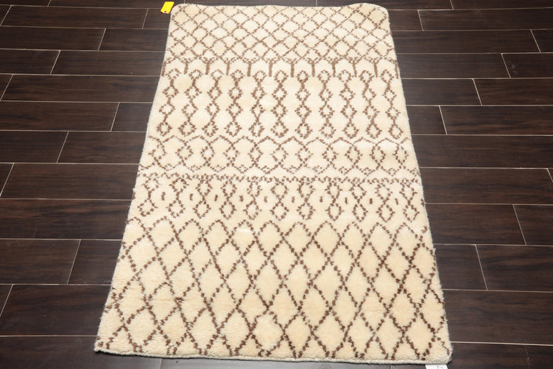 3' x 5' Handmade Shag 100% Wool Boho Modern Oriental Area Rug Ivory/ Brown