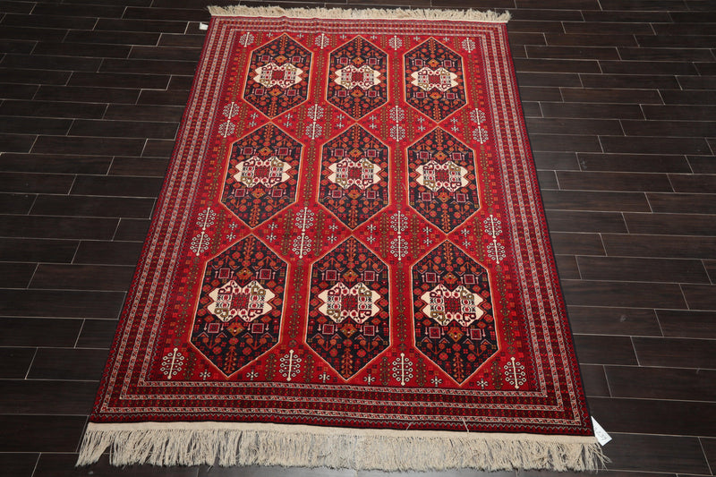 6'6" x 9'6" Hand Knotted Afghanistan Tribal Wool 200 KPSI Veg Dyes Area Rug Red