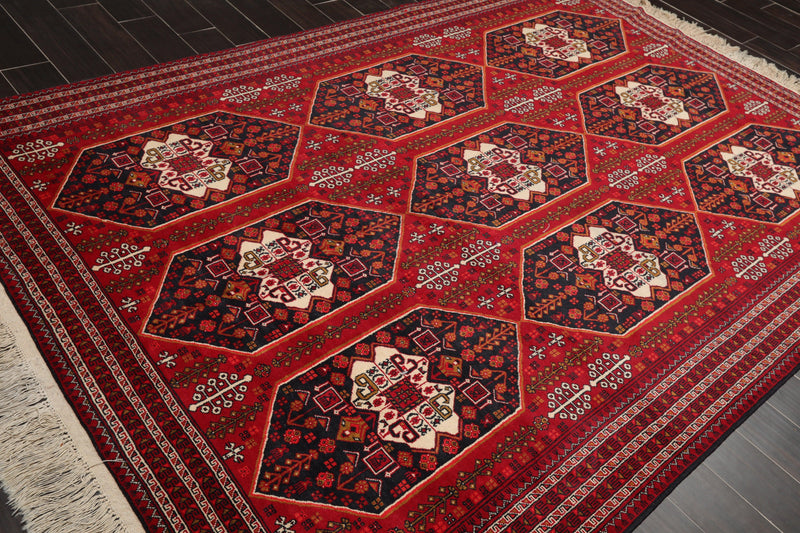 6'6" x 9'6" Hand Knotted Afghanistan Tribal Wool 200 KPSI Veg Dyes Area Rug Red