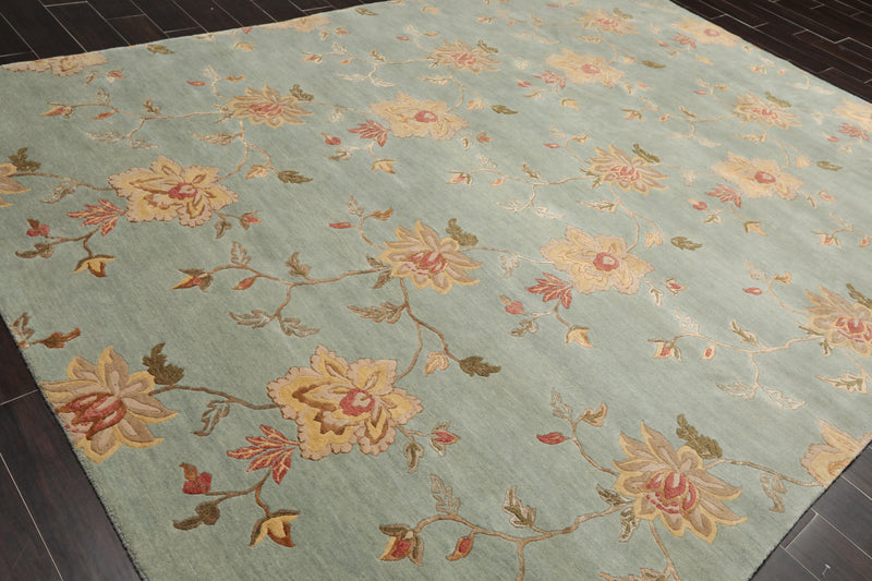 8'1" x11' Hand Knotted Wool & Silk Bold floral Pattern Tibetan Area Rug Sea Blue