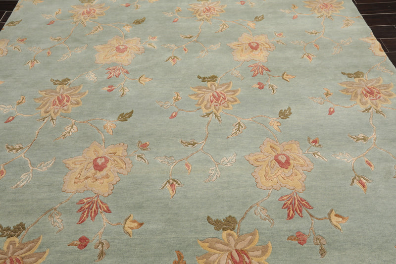 8'1" x11' Hand Knotted Wool & Silk Bold floral Pattern Tibetan Area Rug Sea Blue