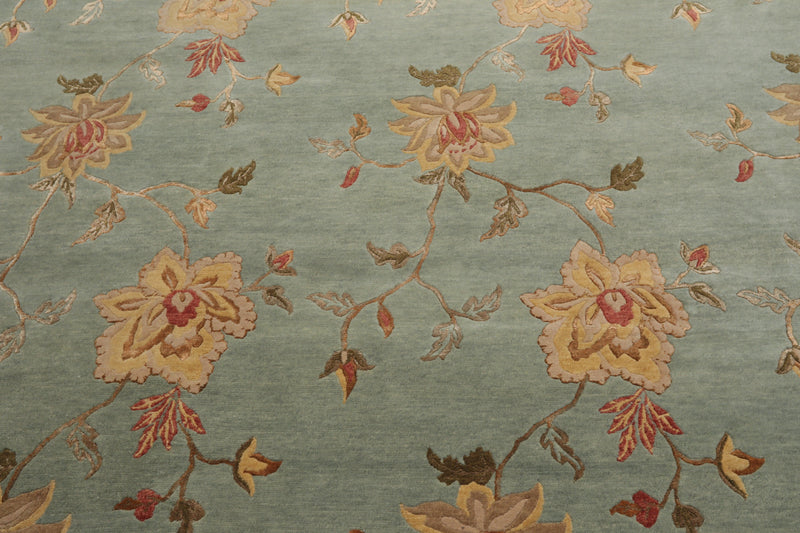 8'1" x11' Hand Knotted Wool & Silk Bold floral Pattern Tibetan Area Rug Sea Blue