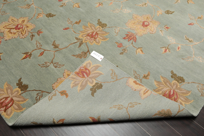 8'1" x11' Hand Knotted Wool & Silk Bold floral Pattern Tibetan Area Rug Sea Blue