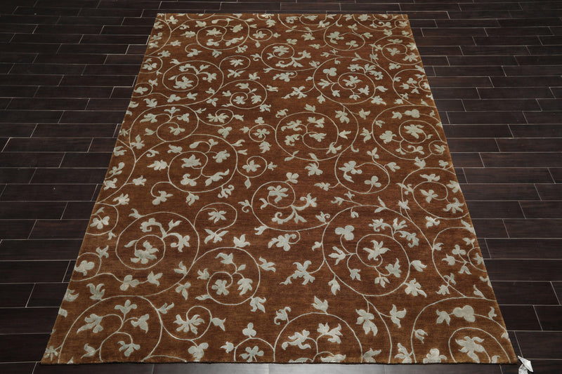 8'1" x 10'10" Hand Knotted Wool & Silk Bold floral Tibetan Area Rug Brown