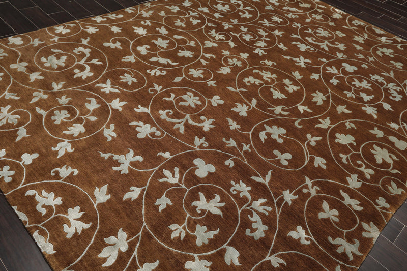 8'1" x 10'10" Hand Knotted Wool & Silk Bold floral Tibetan Area Rug Brown