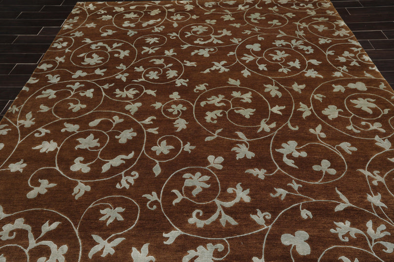 8'1" x 10'10" Hand Knotted Wool & Silk Bold floral Tibetan Area Rug Brown