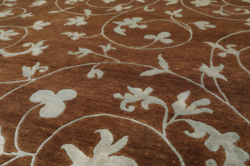 8'1" x 10'10" Hand Knotted Wool & Silk Bold floral Tibetan Area Rug Brown
