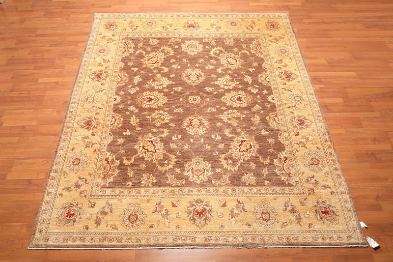 8'1" x 9’11" Hand Knotted Peshawar Stone wash 100% Wool Oriental Area Rug Brown