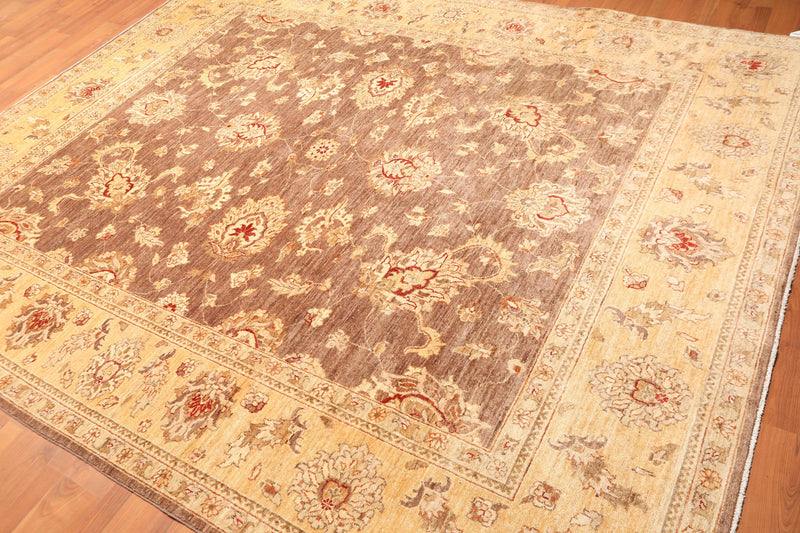 8'1" x 9’11" Hand Knotted Peshawar Stone wash 100% Wool Oriental Area Rug Brown