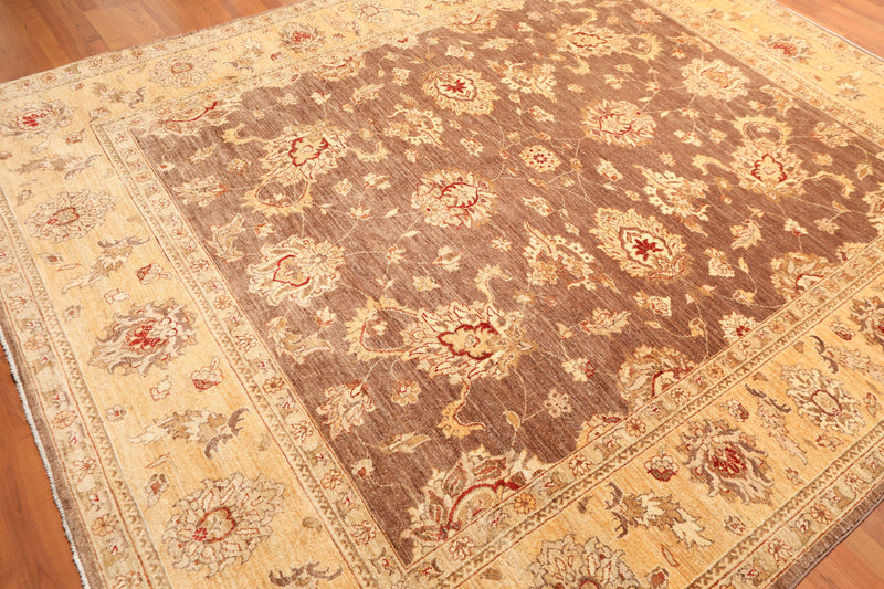 8'1" x 9’11" Hand Knotted Peshawar Stone wash 100% Wool Oriental Area Rug Brown