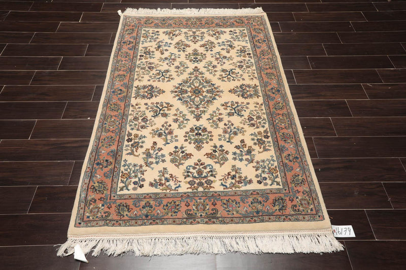 4'1" x 6' Hand Knotted Kerman Wool Traditional Oriental Area Rug Ivory