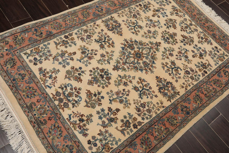 4'1" x 6' Hand Knotted Kerman Wool Traditional Oriental Area Rug Ivory