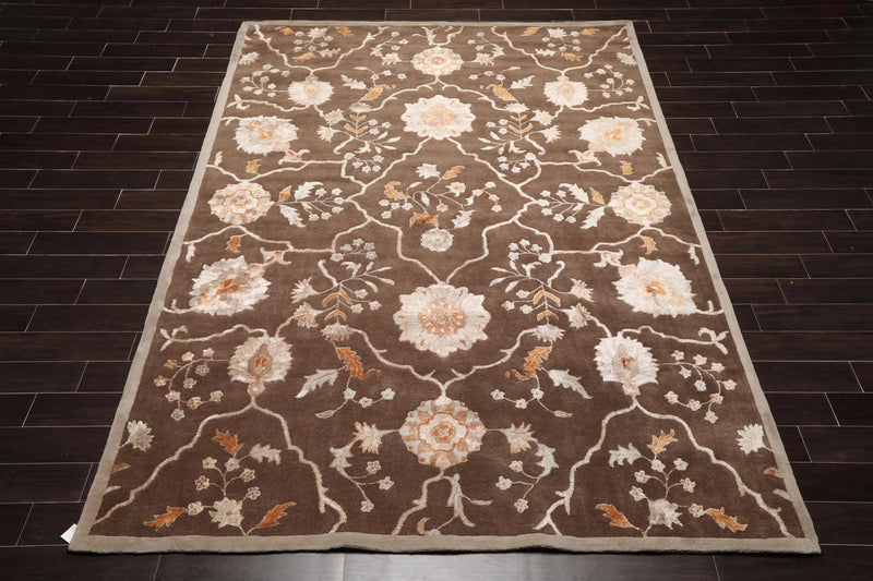 8' x 11' Handmade Wool & Art Silk Botanical Transitional Oriental Area Rug Brown