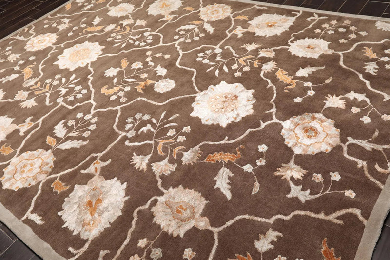 8' x 11' Handmade Wool & Art Silk Botanical Transitional Oriental Area Rug Brown