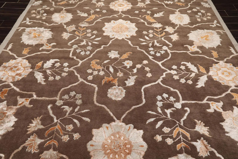 8' x 11' Handmade Wool & Art Silk Botanical Transitional Oriental Area Rug Brown