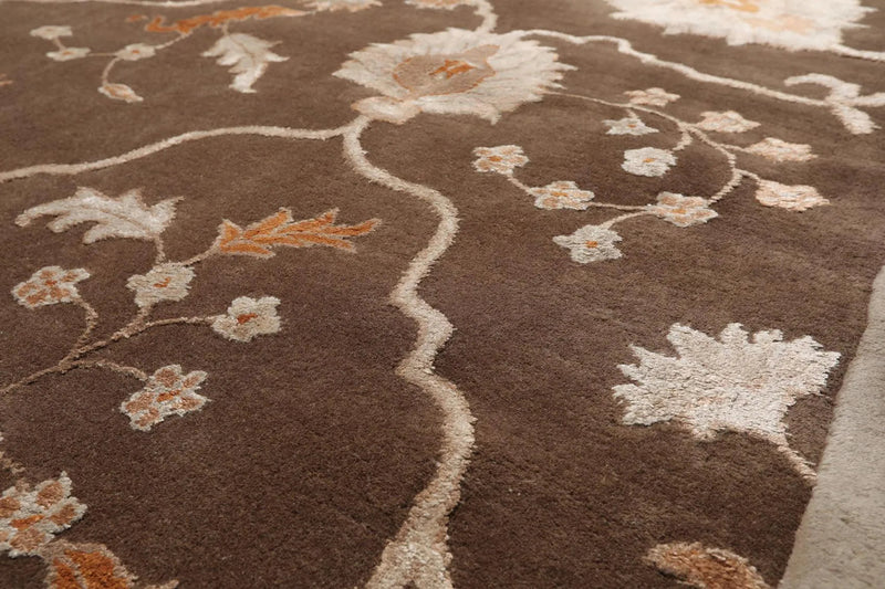 8' x 11' Handmade Wool & Art Silk Botanical Transitional Oriental Area Rug Brown