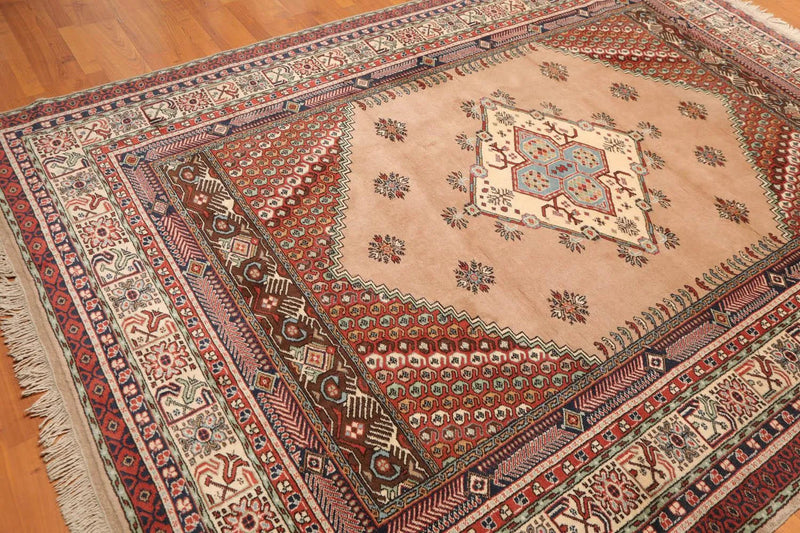 6x9 Tan, Ivory Hand Knotted Authentic Turkish 100% Wool Oriental Area Rug