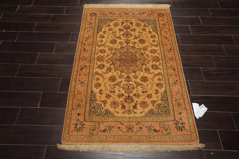 3' 1''x5' 2'' Hand Knotted 100% Pure Silk Traditional Isfahan with 400 KPSI Oriental Area Rug Gold, Peach Color