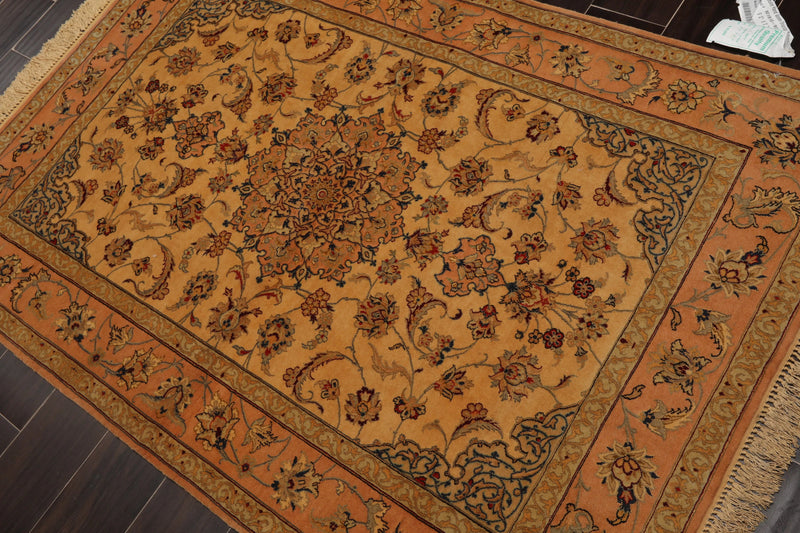 3' 1''x5' 2'' Hand Knotted 100% Pure Silk Traditional Isfahan with 400 KPSI Oriental Area Rug Gold, Peach Color