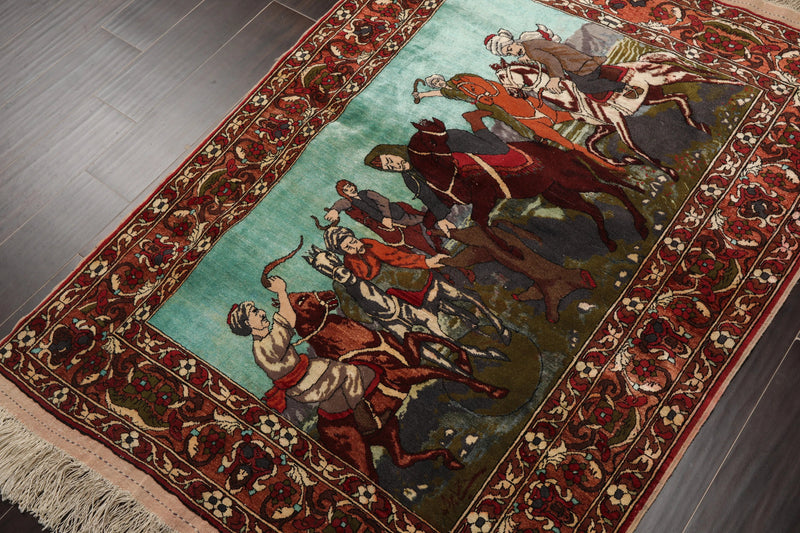 3' 7''x5' Hand Knotted Persian 100% Wool Traditional 300 KPSI Oriental Area Rug Turquoise,Green Color