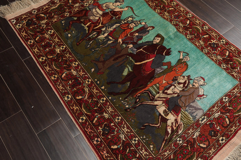 3' 7''x5' Hand Knotted Persian 100% Wool Traditional 300 KPSI Oriental Area Rug Turquoise,Green Color