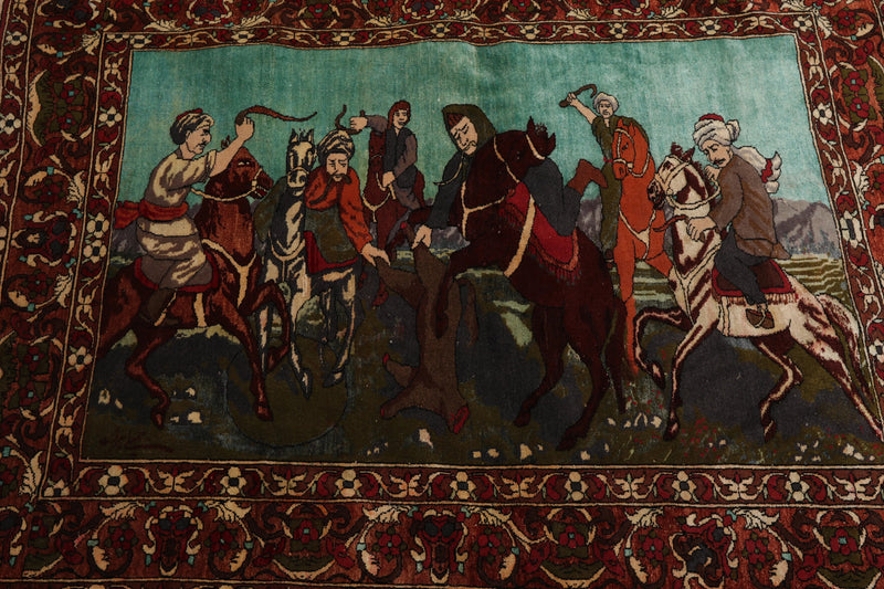 3' 7''x5' Hand Knotted Persian 100% Wool Traditional 300 KPSI Oriental Area Rug Turquoise,Green Color