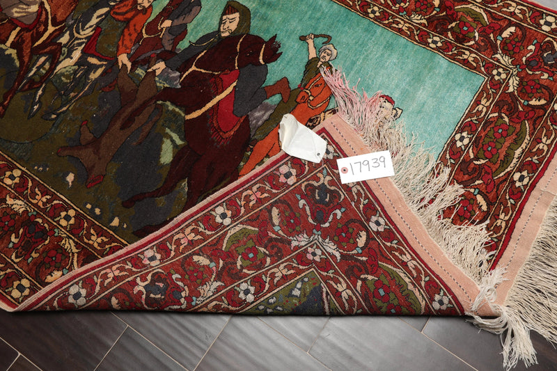 3' 7''x5' Hand Knotted Persian 100% Wool Traditional 300 KPSI Oriental Area Rug Turquoise,Green Color