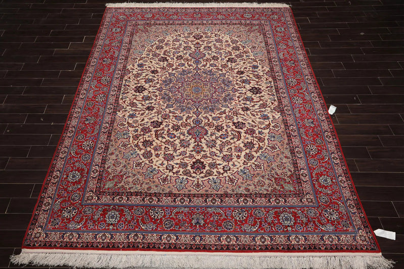 9x12 Ivory, Red Hand Knotted Wool and Silk Traditional Isfahan 300 KPSI Oriental Area Rug