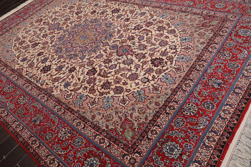 9x12 Ivory, Red Hand Knotted Wool and Silk Traditional Isfahan 300 KPSI Oriental Area Rug