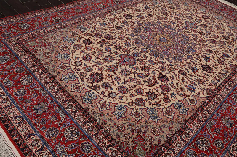 9x12 Ivory, Red Hand Knotted Wool and Silk Traditional Isfahan 300 KPSI Oriental Area Rug