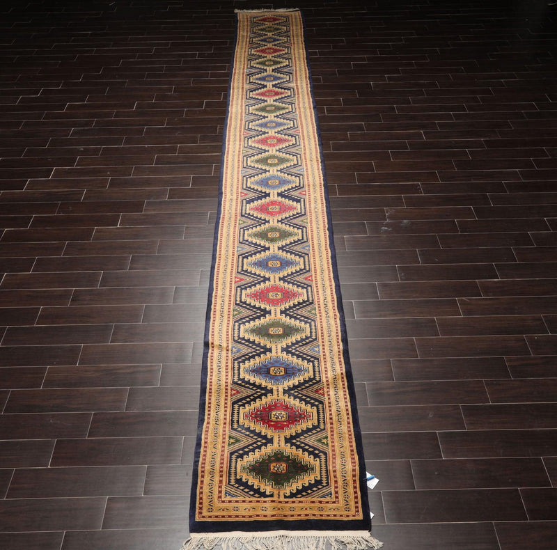 2'7" x 19'7” Hand Knotted 100% Wool 250 KPSI Tekke Bokhaara Area Rug Navy Runner