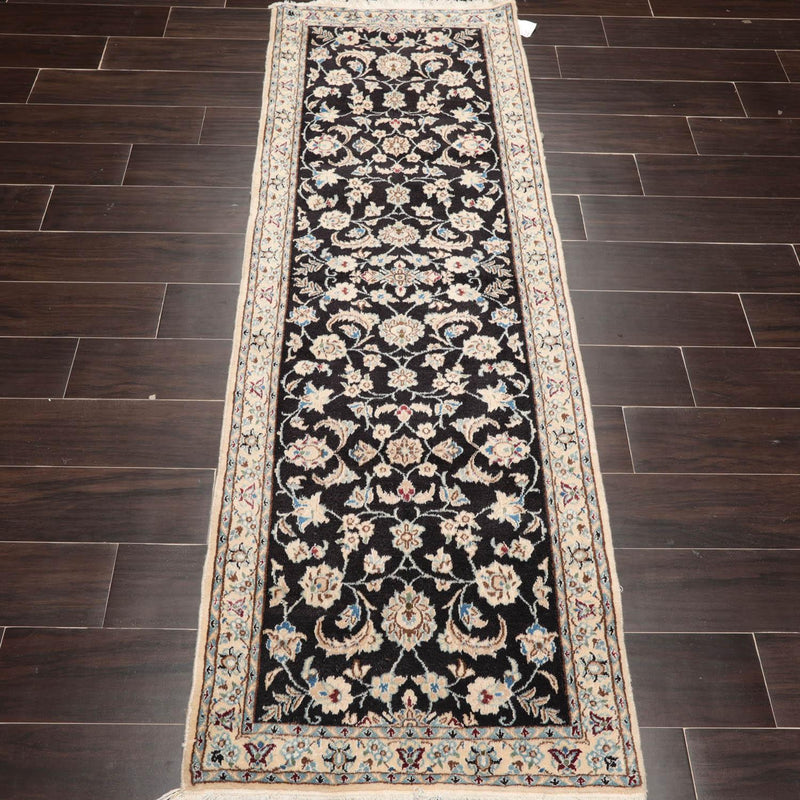 2'3" x 6'8" Runner Hand Knotted Wool Nain 200 KPSI Oriental Area Rug Black