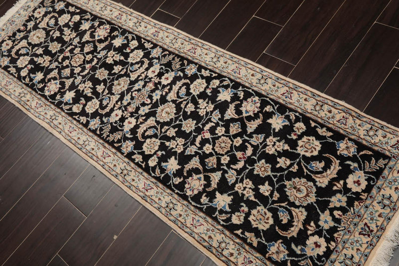 2'3" x 6'8" Runner Hand Knotted Wool Nain 200 KPSI Oriental Area Rug Black