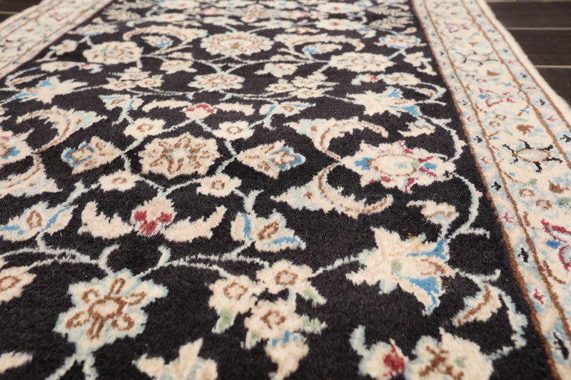 2'3" x 6'8" Runner Hand Knotted Wool Nain 200 KPSI Oriental Area Rug Black