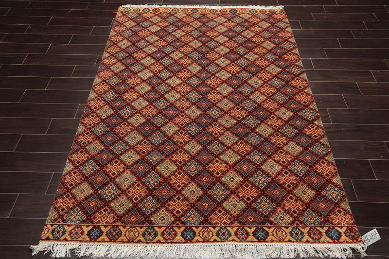 5'6" x 7'10" Hand Knotted 100% Wool Kashkulli Oriental Area Rug Burgundy, Blue