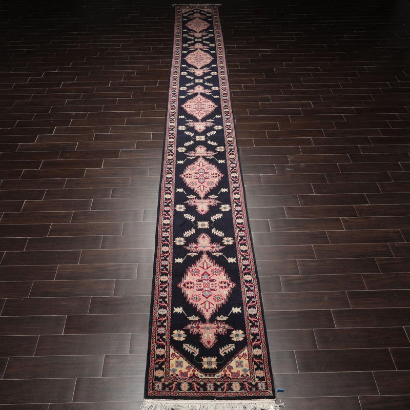 2'6" x 22' Hand Knotted Wool Rare Romanian Herizz Area Rug Midnight Blue Runner