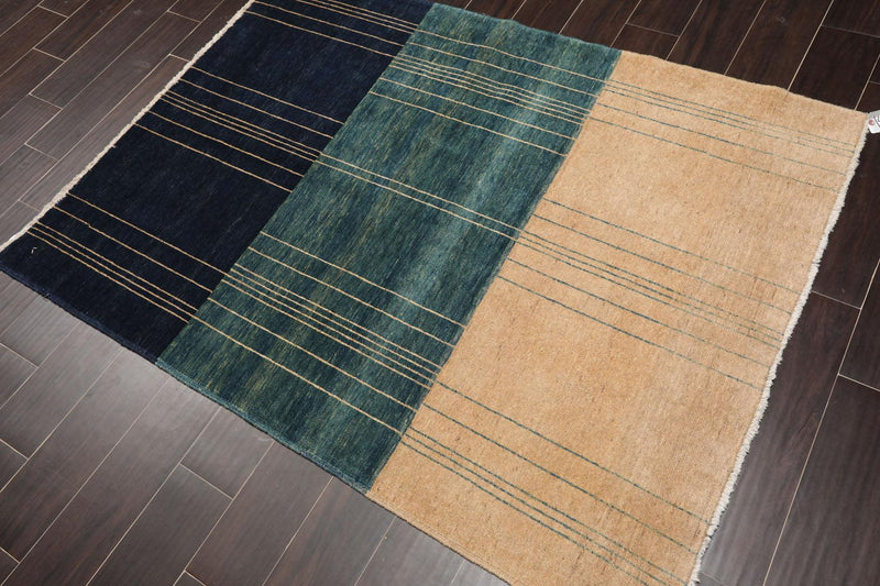 4'2" x 5'7" Hand Knotted 100% Wool Modern Peshawar Designer Oriental Area Rug Beige