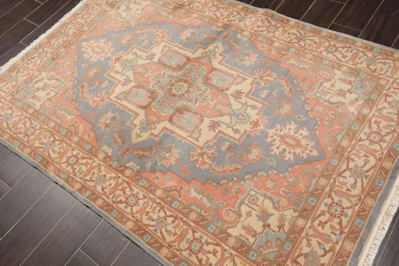 4x6 Slate, Salmon Hand Knotted Persian 100% Wool Heriz Traditional 150 KPSI Oriental Area Rug
