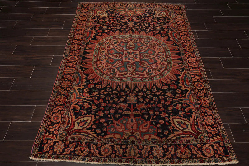 4' 11''x6' 9'' Hand Knotted 100% Wool Antique  Traditional Oriental Area Rug Midnight Blue, Rose Color