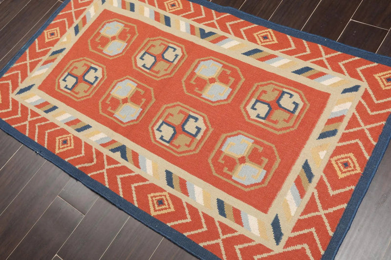 3'2''x5' Hand Woven 100% Wool Dhurry Kilim Flatweave Area Rug Teracotta