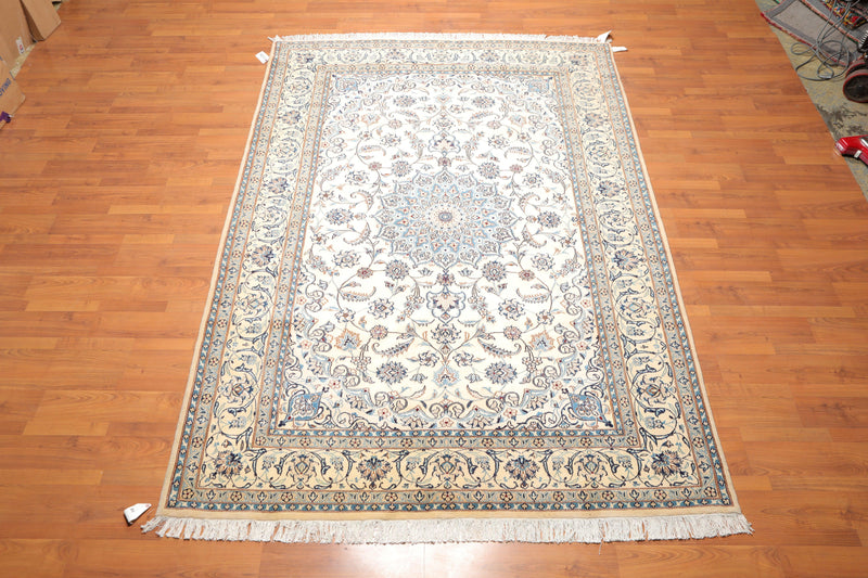 6'10" x 10’ Hand Knotted Auth. Nain Medallion Wool Silk Oriental Area Rug Ivory