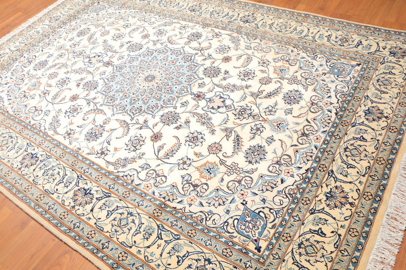 6'10" x 10’ Hand Knotted Auth. Nain Medallion Wool Silk Oriental Area Rug Ivory