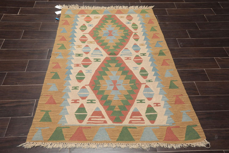 3'9" x 5'2" Hand Woven 100% Wool Southwestern Turkish Kilim Area Rug Beige
