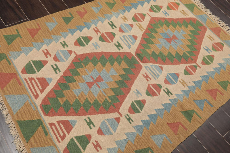 3'9" x 5'2" Hand Woven 100% Wool Southwestern Turkish Kilim Area Rug Beige