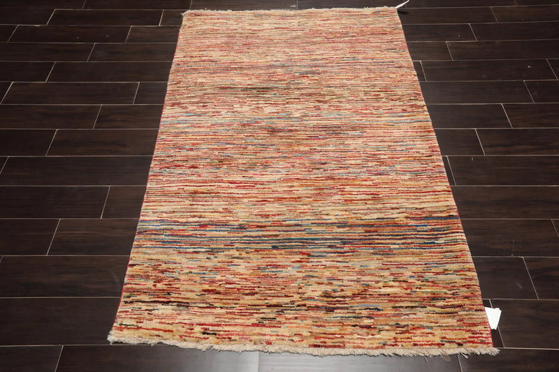 4'x5'11'' Beige, Blue Hand Knotted 100% Wool Peshawar Modern & Contemporary Oriental Area Rug