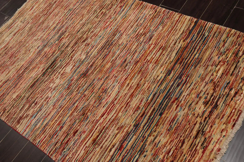 4'x5'11'' Beige, Blue Hand Knotted 100% Wool Peshawar Modern & Contemporary Oriental Area Rug